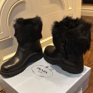 Prada Black Winter Rain Boots with Fur Trim